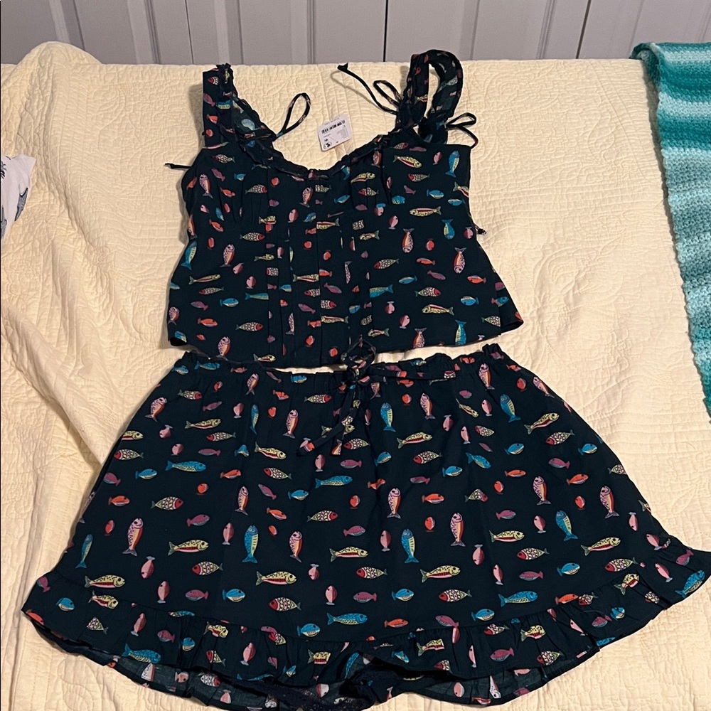 Free People Black Two-Piece Fish Print set- size small
